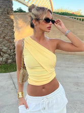 Aiertu - Yellow Tank Tops Women's Summer One Shoulder Sleeveless Short T-shirt Y2K Streetwear 2026 Fashion Diagonal Collar Slim Crop Top Aiertu