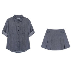 Aiertu - Fake Denim Fashion Spring Summer Outfits 2025 New Lapel Blouse Top And Short Skirt Two Piece Set Streetwear Shirts + Pleat Skirt Aiertu