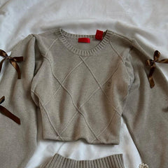 Aiertu - Y2K Knitted Splicing Two Piece Set for Women Harajuku Fashion Bow Long Sleeved Knitted Sweatshirt Mini Pleated Skirt Autumn Suit Aiertu