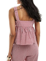 Aiertu - Y2k Tank Top Sleeveless Women Red Gingham Bow Tie Down Camisole Ruffle Hem Peplum Tops Summer Streetwear Aiertu
