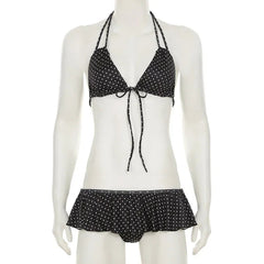 Aiertu - Summer Vacation Beach 2 Piece Set Women Sexy Polka Dots Print Lace Up Halter Bra + Ruffles Micro Mini Skirts Swimsuit Aiertu
