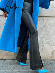 Chic Fashion PU Leather High Rise Flare Pants Club Party Casual Sexy Split Pants for Women Trousers Pant Gothic Aiertu