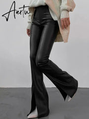 Chic Fashion PU Leather High Rise Flare Pants Club Party Casual Sexy Split Pants for Women Trousers Pant Gothic Aiertu