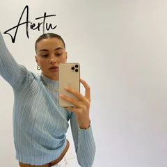 Chic Fashion Ruffle See Through Blue Long Sleeve Women Tops Autumn Elegant Short Tees Slim T-Shirts Clothes Aiertu