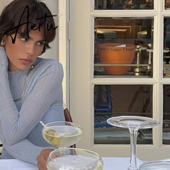 Chic Fashion Ruffle See Through Blue Long Sleeve Women Tops Autumn Elegant Short Tees Slim T-Shirts Clothes Aiertu