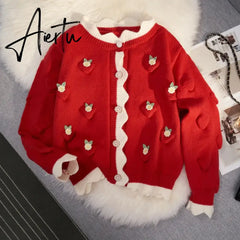 Chic Korean Fashion Flower Pattern Red Christmas Cardigan Sweaters Autumn Winter Long Sleeve Y2K Aesthetic Knitted Tops Christmas New Year Aiertu
