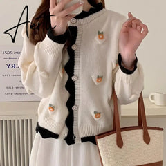 Chic Korean Fashion Flower Pattern Red Christmas Cardigan Sweaters Autumn Winter Long Sleeve Y2K Aesthetic Knitted Tops Christmas New Year Aiertu