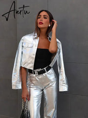 Chic Silvery Women's Pants Set Fashion Lapel Single Breasted Crop Jacket Straight Trousers Suit Autumn Lady Elegant Outfit Aiertu