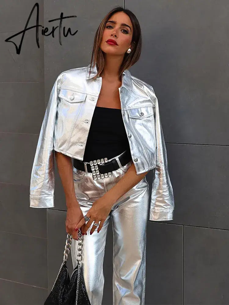 Chic Silvery Women's Pants Set Fashion Lapel Single Breasted Crop Jacket Straight Trousers Suit Autumn Lady Elegant Outfit Aiertu