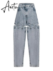 Chic Spliced Zipper Jeans For Women High Waist Patchwork Pockets Cut Out Casual Jean Female Fashion Clothing Aiertu