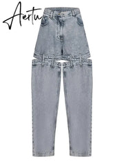 Chic Spliced Zipper Jeans For Women High Waist Patchwork Pockets Cut Out Casual Jean Female Fashion Clothing Aiertu