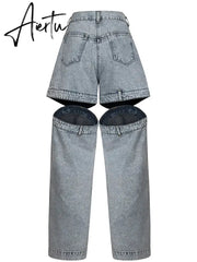 Chic Spliced Zipper Jeans For Women High Waist Patchwork Pockets Cut Out Casual Jean Female Fashion Clothing Aiertu