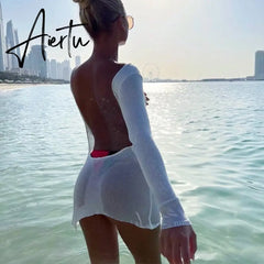 Chic Women Knitted Mini Dress Sexy Backless Long Sleeve Cover-ups Sundress Summer Beach Holiday Bodycon Dress Female Clothes Aiertu