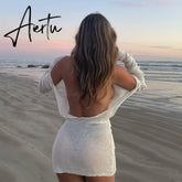 Chic Women Knitted Mini Dress Sexy Backless Long Sleeve Cover-ups Sundress Summer Beach Holiday Bodycon Dress Female Clothes Aiertu