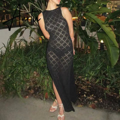 Chic Women Sleeveless Split Side Long Dress Diamond Crochet Hollow Out Midi Dress Elegant Lady Slim Fit Bodycon Holiday Party Aiertu