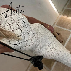 Chic Women Sleeveless Split Side Long Dress Diamond Crochet Hollow Out Midi Dress Elegant Lady Slim Fit Bodycon Holiday Party Aiertu