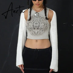 Chic Women Vintage Knitted Shrug Sweater Crochet Hollow Out Long Sleeve Smock Tops 90s Vintage Y2K Cardigans T Shirt Streetwear Aiertu