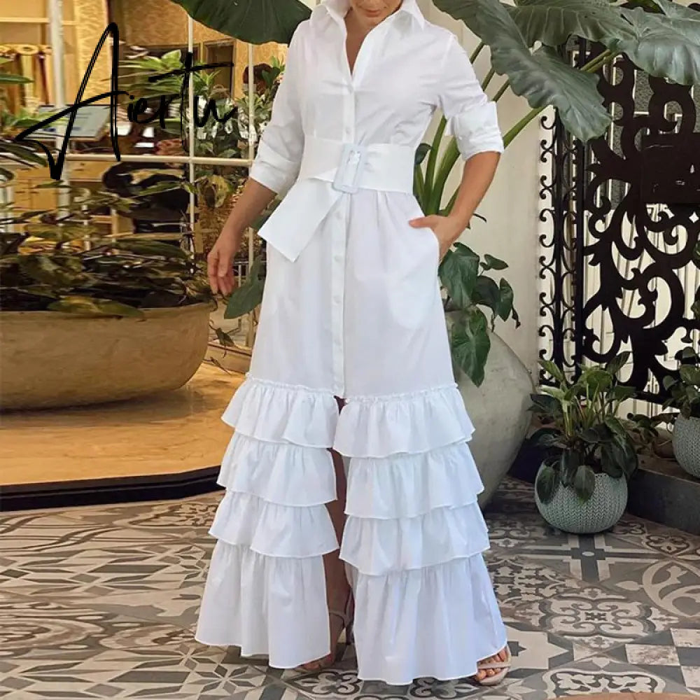 Chic Women Waist Split Shirt Dress Autumn Solid Lapel Long Sleeve Dress Fashion Single-breasted Cake Layered Long Dress Cover Up Aiertu