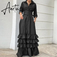 Chic Women Waist Split Shirt Dress Autumn Solid Lapel Long Sleeve Dress Fashion Single-breasted Cake Layered Long Dress Cover Up Aiertu