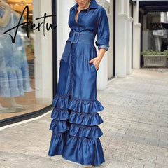 Chic Women Waist Split Shirt Dress Autumn Solid Lapel Long Sleeve Dress Fashion Single-breasted Cake Layered Long Dress Cover Up Aiertu