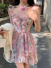 Chiffon Print France Vintage Dress Women Bandage Elegant Sweet Party Mini Dress Female Floral Korean Fashion Strap Dress Summer Aiertu