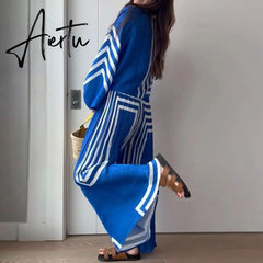 Chiffon Stripe Print Pants Set Loose Women Pajamas Lace Up Long Sleeve Shirt 2 Pieces Set Sleepwear Female Wide Leg Pants Suit Aiertu