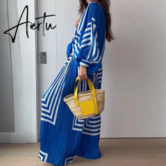 Chiffon Stripe Print Pants Set Loose Women Pajamas Lace Up Long Sleeve Shirt 2 Pieces Set Sleepwear Female Wide Leg Pants Suit Aiertu