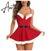 Christmas Babydoll Dress Women's Underwear Sexy Lace Lingerie V-neck Sleeveless Strap Nightdress Sexy Backless Nightie Sleepwear Aiertu
