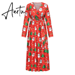 Christmas Print Long Dress for Women Autumn V-neck Knitting A-LINE Belt Slim Ankle-Length Aiertu