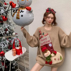 Christmas Red Loose Sweaters Mujer Autumn New Thicked Warm Knitted Pullovers Y2k Long Sleeve Lazy Tops Women New Year Aiertu