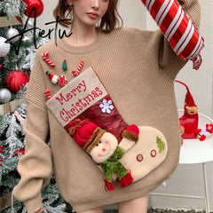 Christmas Red Loose Sweaters Mujer Autumn New Thicked Warm Knitted Pullovers Y2k Long Sleeve Lazy Tops Women New Year Aiertu