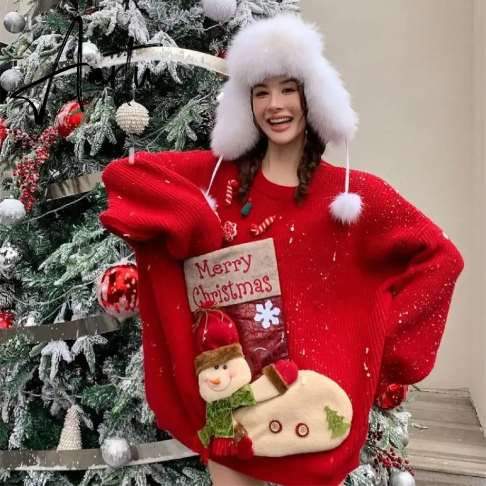 Christmas Red Loose Sweaters Mujer Autumn New Thicked Warm Knitted Pullovers Y2k Long Sleeve Lazy Tops Women New Year Aiertu