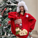 Christmas Red Loose Sweaters Mujer Autumn New Thicked Warm Knitted Pullovers Y2k Long Sleeve Lazy Tops Women New Year Aiertu