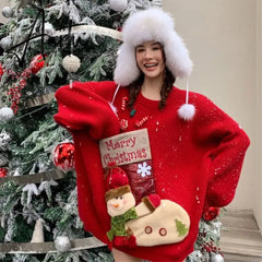 Christmas Red Loose Sweaters Mujer Autumn New Thicked Warm Knitted Pullovers Y2k Long Sleeve Lazy Tops Women New Year Aiertu