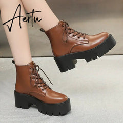 Chunky Platform Chelsea Boots Women Autumn Winter Black Pu Leather Ankle Boots Woman Lace Up High Heels Motorcycle Shoes Aiertu