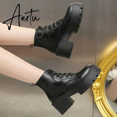 Chunky Platform Chelsea Boots Women Autumn Winter Black Pu Leather Ankle Boots Woman Lace Up High Heels Motorcycle Shoes Aiertu