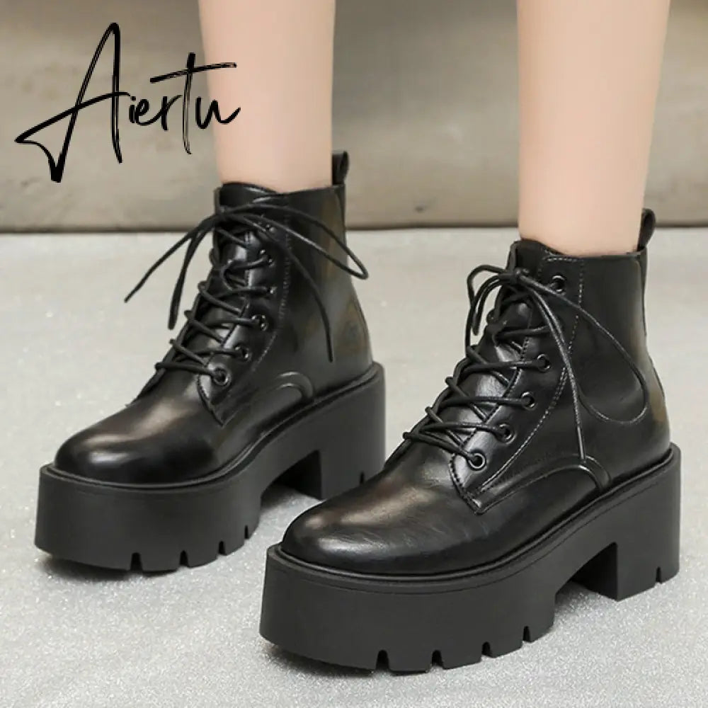 Chunky Platform Chelsea Boots Women Autumn Winter Black Pu Leather Ankle Boots Woman Lace Up High Heels Motorcycle Shoes Aiertu