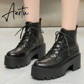 Chunky Platform Chelsea Boots Women Autumn Winter Black Pu Leather Ankle Boots Woman Lace Up High Heels Motorcycle Shoes Aiertu