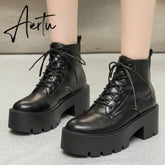 Chunky Platform Chelsea Boots Women Autumn Winter Black Pu Leather Ankle Boots Woman Lace Up High Heels Motorcycle Shoes Aiertu