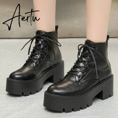 Chunky Platform Chelsea Boots Women Autumn Winter Black Pu Leather Ankle Boots Woman Lace Up High Heels Motorcycle Shoes Aiertu