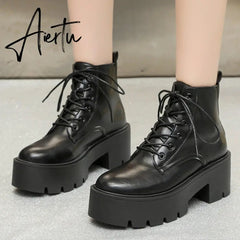 Chunky Platform Chelsea Boots Women Autumn Winter Black Pu Leather Ankle Boots Woman Lace Up High Heels Motorcycle Shoes Aiertu