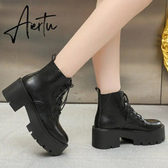 Chunky Platform Chelsea Boots Women Autumn Winter Black Pu Leather Ankle Boots Woman Lace Up High Heels Motorcycle Shoes Aiertu