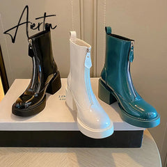 Classic Front Zipper Cow Patent Leather Women Ankle Boots Platform Thick High Heel Shoes Women Female Riding Boots Autumn Winter Aiertu