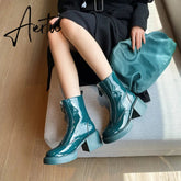 Classic Front Zipper Cow Patent Leather Women Ankle Boots Platform Thick High Heel Shoes Women Female Riding Boots Autumn Winter Aiertu