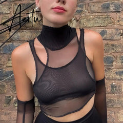 Club Mesh See-Through Sleevsless Tank Tee Women Fashion Street Style Off Shoulder Solid Color Crop Top T-Shirt Mujer Aiertu