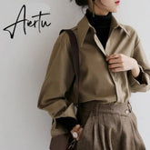 Coffee Blouse Women Spring Autumn Casual Solid Color Long Sleeve Shirt Women Korean Loose Shirt OL Style Workwear Plus Size S-XL Aiertu