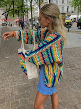 Colorful Crochet Striped Knit Cardigans Women Sweater Fall Vintage Loose Long Sleeve Female Cardigan Casual Y2K Streetwear Aiertu