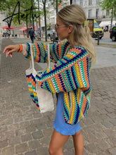 Colorful Crochet Striped Knit Cardigans Women Sweater Fall Vintage Loose Long Sleeve Female Cardigan Casual Y2K Streetwear Aiertu