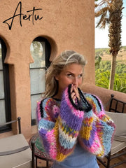 Colorful Stripe Knit Crop Sweater Women Autumn Casual O-Neck Long Lantern Sleeve Pullover Female Loose Crochet Streetwear Aiertu