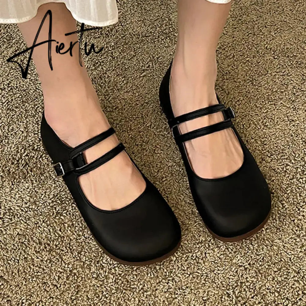 Comfort Soft Bottom Flat Shoes Women 2023 Buckle Strap Pu Leather Ballet Flats Woman Elegant Low Heels Mary Janes Mujer Aiertu